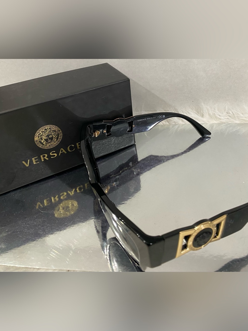 Pre-Loved Versace Black Sunglasses with Gold Medallion Accent